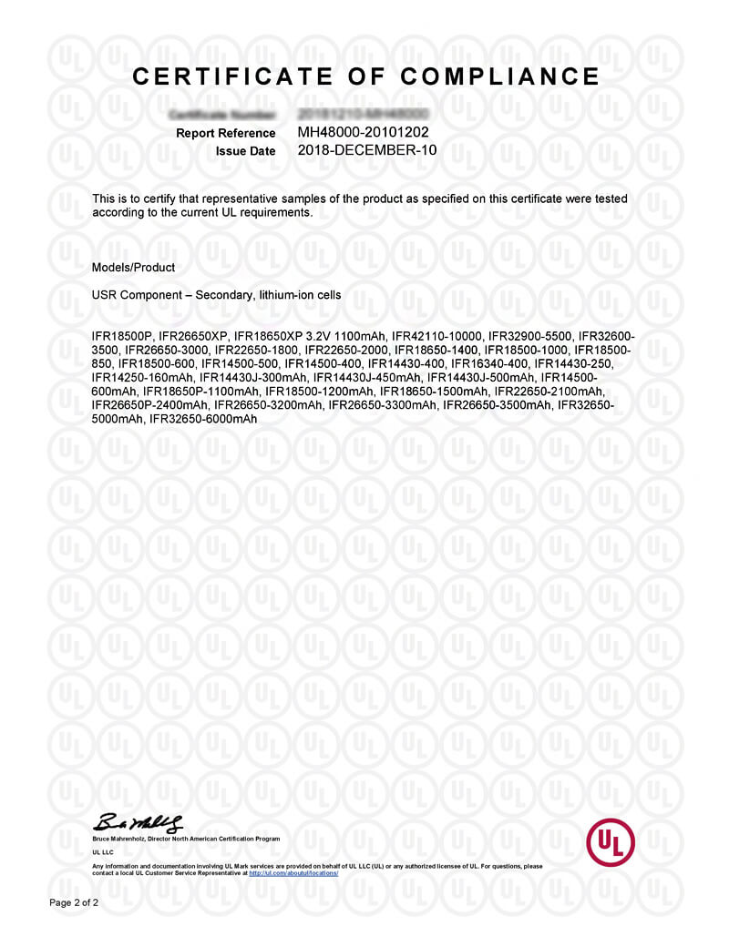 Certificação de Bateria de Lítio Ferro UL