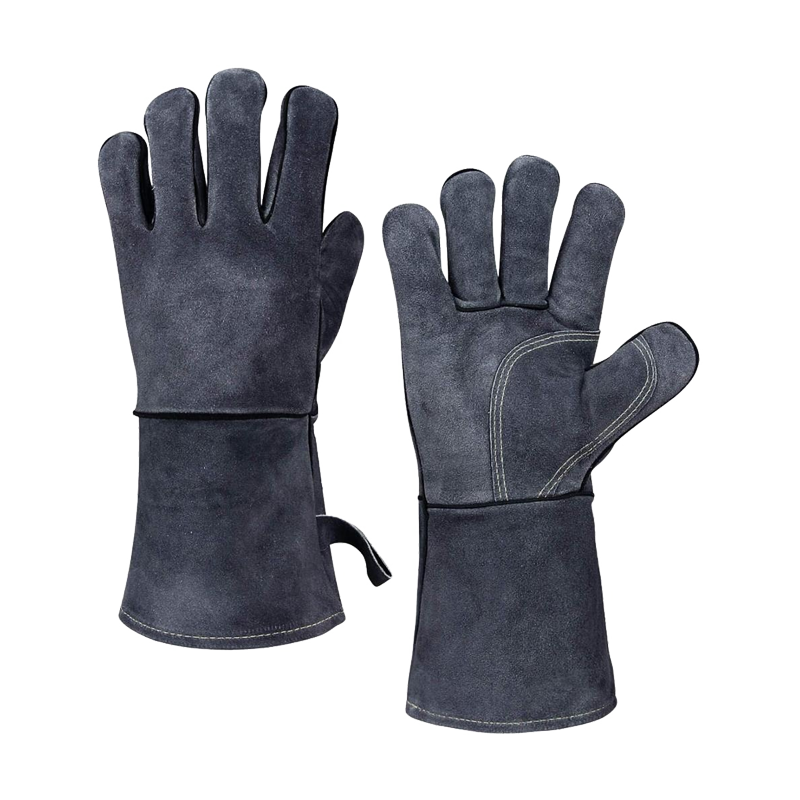 Ozero Wholesale Gray Color Safety Tig Long Cuff Welding Fireplace Split Cow Leather Hand Gloves Weld